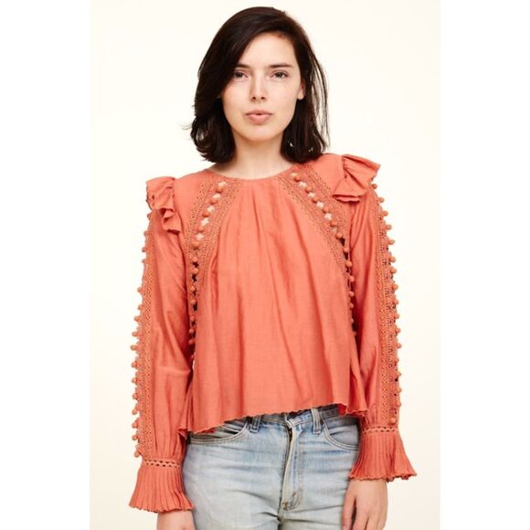 Sea New York Esther Salmon Blouse Ruffle Crochet Pom Pom Size 4 Boho Peasant - Picture 1 of 9